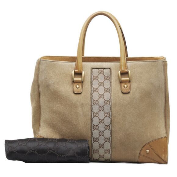 GUCCI Beige Canvas Nailhead Suede Tote with Dustbag 2000's Model 120897 - Picture 1 of 16